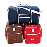 Collapsible canvas duffels in blue, brown, black and red, with monogram, Lillian Vernon.