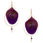 14kt-gold fill hoop earrings with amethyst beads and peacock feathers, AH Jewelry.