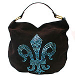 Suede shoulder bag with Swarovski crystal fleur-de-lis design, Tammi Lyn,, Tammi Lyn.