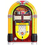 Handcrafted mahogany mini CD jukebox with neon bubble-tube accents, Wurlitzer.