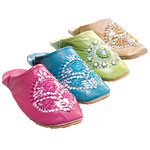 Beaded leather slides with rubber soles (available in pink, turquoise, lime and gold), Glam Souls.