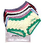 Silk-knit underwear with lace trim, embroidered with days of the week, Mary Green.