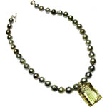 Pearl necklace with beryl-and-diamond charm, Erica Courtney.