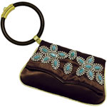 Satin evening bag with embroidered suede and turquoise, Valentino.