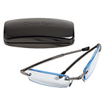 Reading glasses with folding bridge (available in four powers, comes with case), in Gunmetal (also in Bordeaux, Satin Black, tan and gold), Calvin Klein Eyewear.