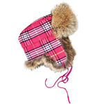 Coyote-fur wool trapper hat in hot pink (also comes in orange plaid and tan plaid), Mitchie.