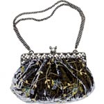 Embroidered velvet evening bag with silver-plated frame and Swarovski crystals, Clara Kasavina.