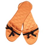 Silk slippers in orange with grosgrain ribbon (also available in pink, black and white), Frette.