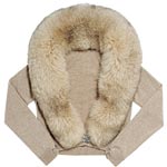Cardigan sweater with fox-fur collar in tan (also available in black, Fluorescent White and Heather Gray), La Rok.