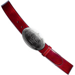 Leather belt with silver-plated logo buckle, Prada.