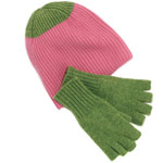 Fingerless cashmere gloves and two-tone cashmere ski hat, Meg Cohen Design.