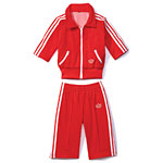 Nylon-and-polyester track suit in Alarm Red (also in blue and pink), Adidas.