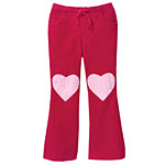 Girls' knee-patch cotton corduroy pants in red with pink hearts, Boden.