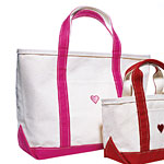 Canvas totes with embroidered hearts, red or berry trim, L.L. Bean.