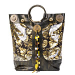 Leather, brass and laminated-brocade tote, Anthropologie.