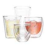 Thermal glasses with insulating double walls in two shapes: Pavina (round) and Canteen (cylindrical), Bodum.