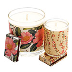 Scented candles with coordinating matchbox in 20 floral patterns, Jen Lew Designs.