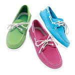 Nubuck deck shoes with rubber outsole in moss green, raspberry and turquoise, Sperry Top-Sider.