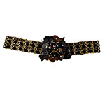 Engraved metal, leather and glass belt on elastic, Suzi Roher.
