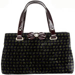Geometric-print hobo with patent-leather traps, Emporio Armani.