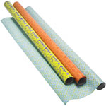 Wrapping paper in vintage textile designs with mod colors, Wooster & Prince.