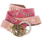 Light-pink-and-gold embossed Snap belt and hot pink Eyelet belt (20 percent from sales goes to Y-Me), Pellemelle.