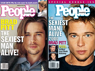 Who was the only guy to be voted as a solo Sexiest Man Alive cover boy twice? | Brad Pitt
