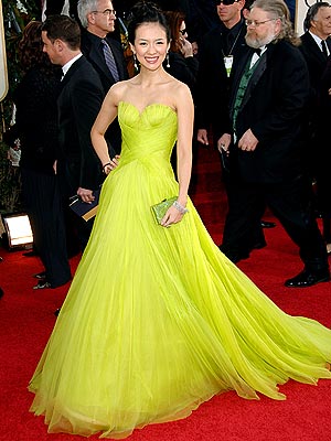  the Golden Globes in this exuberant chartreuse Giorgio Armani gown.