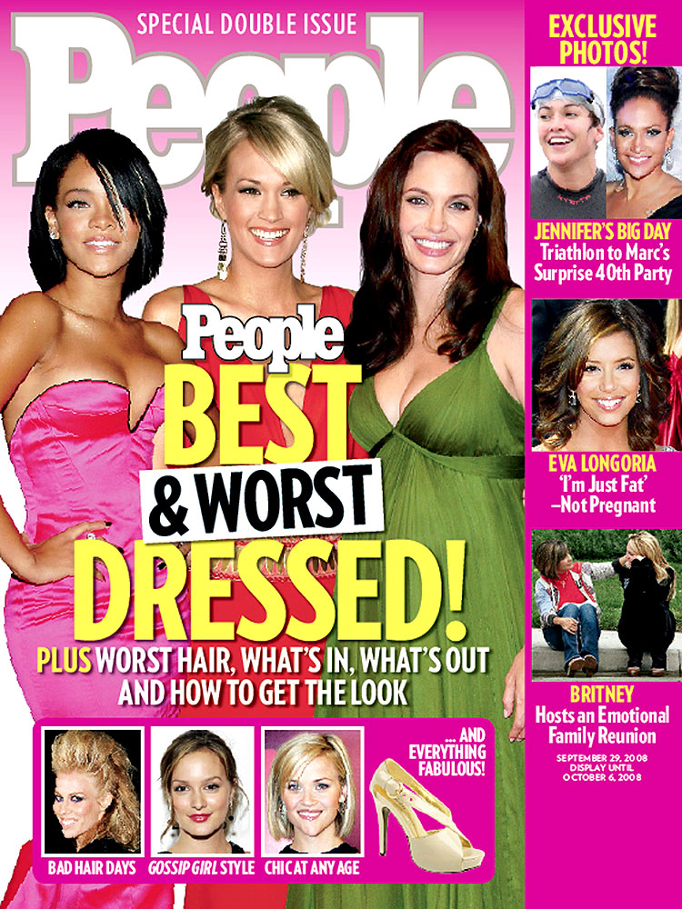 Best and Worst! Dressed '08 | Angelina Jolie Cover, Best & Worst Dressed on Covers, Best Worst Dressed, Angelina Jolie, Britney Spears, Carrie Underwood, Eva Longoria, Jennifer Lopez, Leighton Meester, Lynne Spears, Natasha Bedingfield, Reese Witherspoon, Rihanna