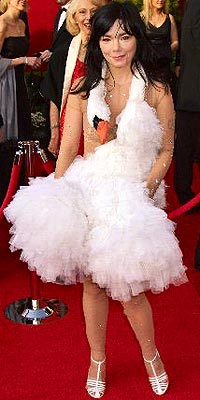 Everyone remembers Björk's swan dress from the 2001 Oscars. But at that year's Globes, which pop star's face did she wear?