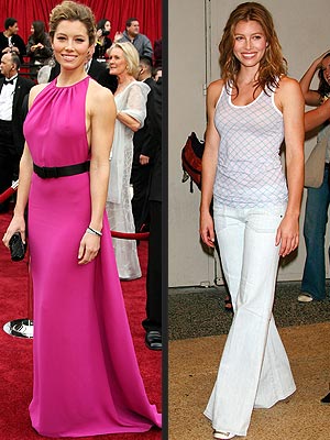 Jessica Biel knows what flatters her athletic figure strong colors 
