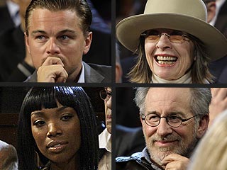 Leo, Brandy Listen Intently at Star-Heavy Democratic Debate | Brandy, Diane Keaton, Leonardo DiCaprio, Steven Spielberg