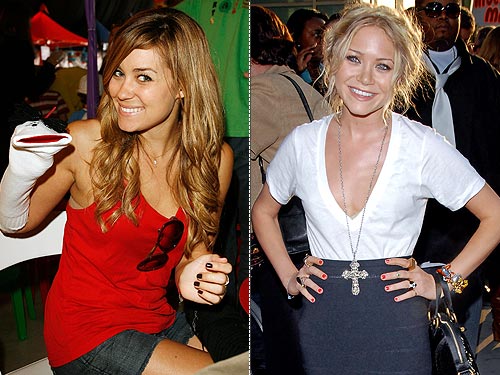  wears her deep v-neck white tee on the red carpet, while Lauren Conrad 