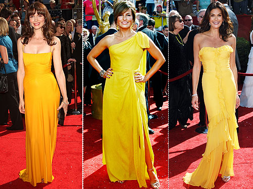 Canary yellow took center stage with Saffron Burrow's Herve Leroux gown, 