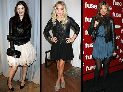 LEATHER JACKETS OVER DRESSES  photo | Anne Hathaway, Ashley Olsen, Jamie-Lynn Sigler