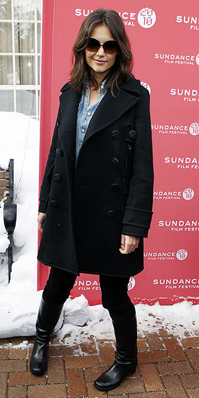 Katie Holmes fights the cold in style with movie star shades, a long black coat, a chambray shirt and knee-high boots. Which piece is under $100? | Katie Holmes