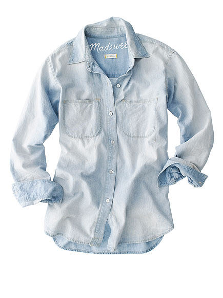Brooklyn Decker sports a casually glam style, pairing a soft chambray shirt with a metallic mini and ankle-strap pumps. Which piece is under $100?