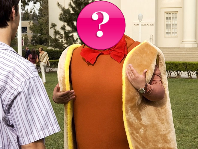 Who is this nominee, dressed in a hot-dog suit and shouting, 