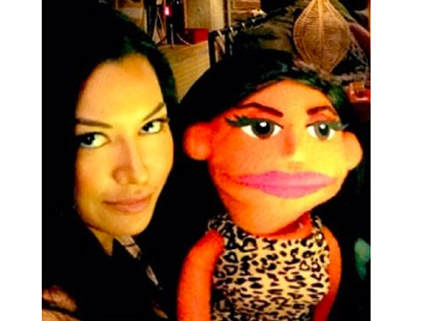 See Lea Michele and the Glee Cast Pose with Their Adorable Puppet Doppelgängers| Muppets, Avenue Q, Glee, Adam Lambert, Chris Colfer, Lea Michele, Naya Rivera