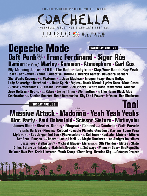 Revisit 15 Years of Coachella with Every Poster from Festivals Past| Black Eyed Peas, Foo Fighters, Kraftwerk, N.E.R.D., Pixies, Rage Against the Machine, Tool, The Coachella Music and Arts Festival, Pharrell Williams