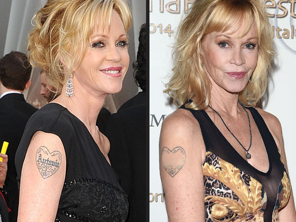 Breaking Up Is Hard 'Tattoo': 7 Celebs Who Have Removed Their Ex-Themed Ink| Antonio Banderas, Breakups, Angelina Jolie, Billy Bob Thornton, Charlie Sheen, Denise Richards, Eva Longoria, Heidi Klum, Jesse James, Johnny Depp, Kat Von D, Melanie Griffith, Seal, Tony Parker, Winona Ryder