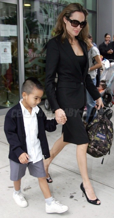 Actress Angelina Jolie, 32, collects Maddox Chivan, 6, from the Lycee French Actress Angelina Jolie, 32, collects Maddox Chivan, 6, from the Lycee French