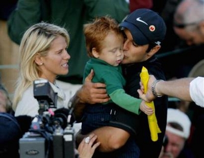 American Century Celebrity Golf Championship on Trevor Immelman Celebrates Winning Golf Tournament With Wife And Son