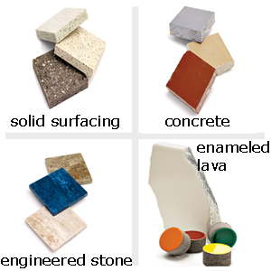 different styles of stones including solid surfacing, concrete and engineered stone