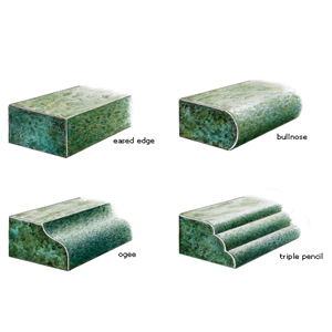 different edge styles for stones including eased, bullnose, ogee and triple pencil