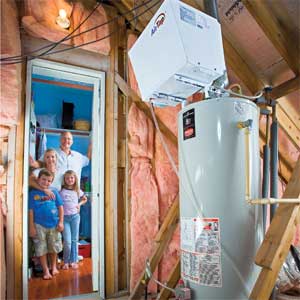 the heat pump sits on top an existing water heater and uses the air temp to conserve energy