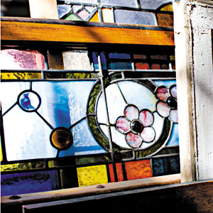 salvaged stained glass window