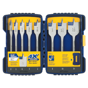 Irwin Speedbor bits, ranging in size from 3/8-of-an-inch to 1 1/2 inches in a heavy-duty blue case.