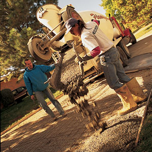 Concrete is poured to a depth of four to six inches, depending upon how much traffic the driveway will carry. In some communities, codes dictate how thick the driveway slab, as well as the roadbed, must be. Check with your building department. As a rule, the thicker the concrete, the stronger the driveway. 