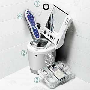 A collection of waterproof portable audio equipment suitable for the shower or bath